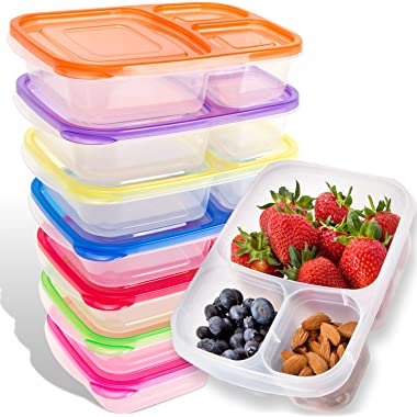 Bento Lunch Box | Meal Prep Containers | 7 Pack | Leak Proof | Reusable 3-Compartment Plastic Divided Food Storage Container Boxes for Kids & Adults | Microwave, Dishwasher and Freezer Safe Lucentee