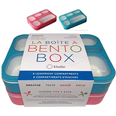 6 Compartment Lunch Boxes. Bento Box Lunchbox Containers for Kids, Boys Girls Adults. BPA-Free School Bentobox Meal Planning Portion Control Container. Leakproof. Set of 2 Blue & Pink Kits